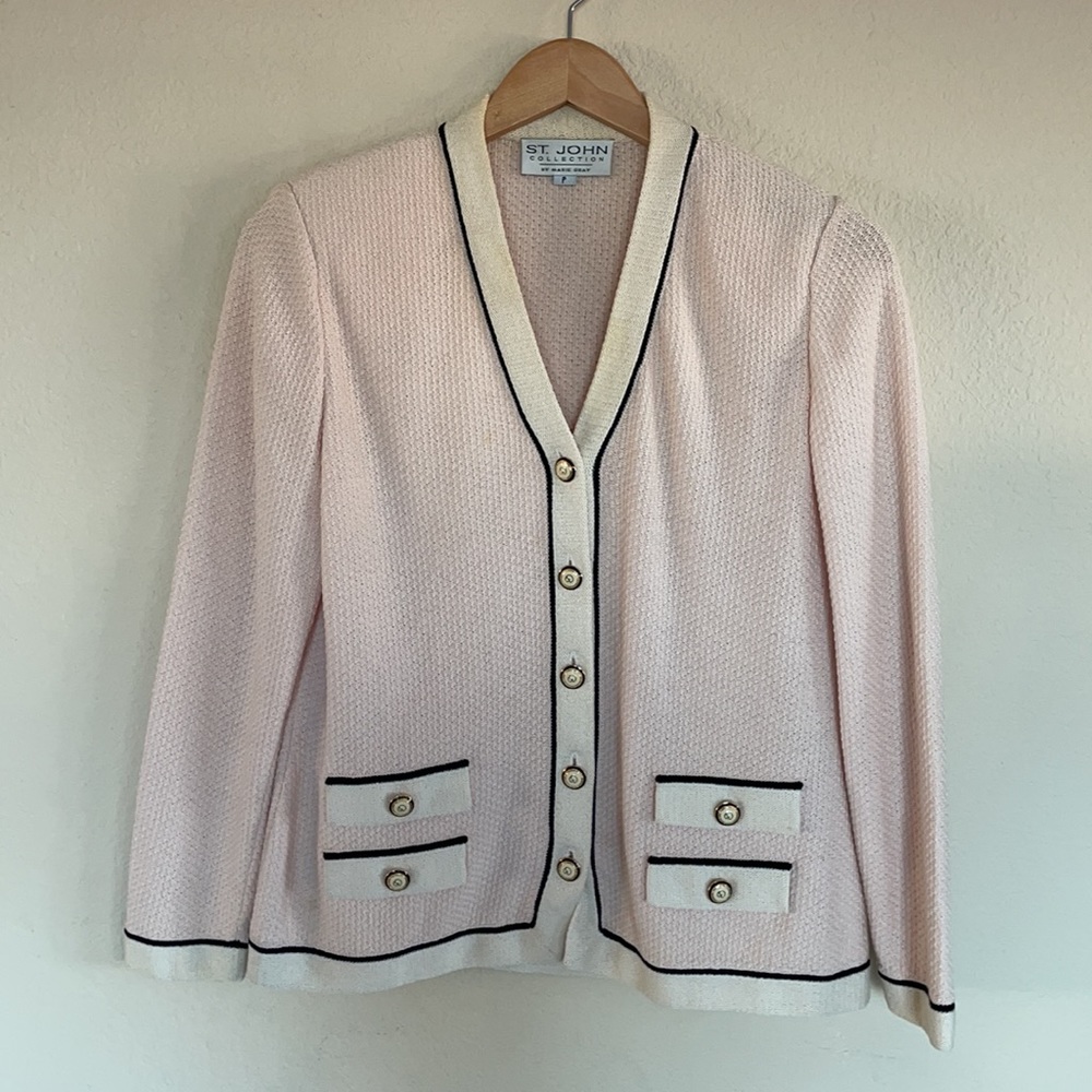 St. John Collection Vintage Pink Black Jacket trim knit down button P small